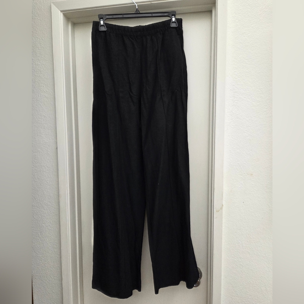 H&M Womens Black Linen Elastic Waist Straight-Leg Pants